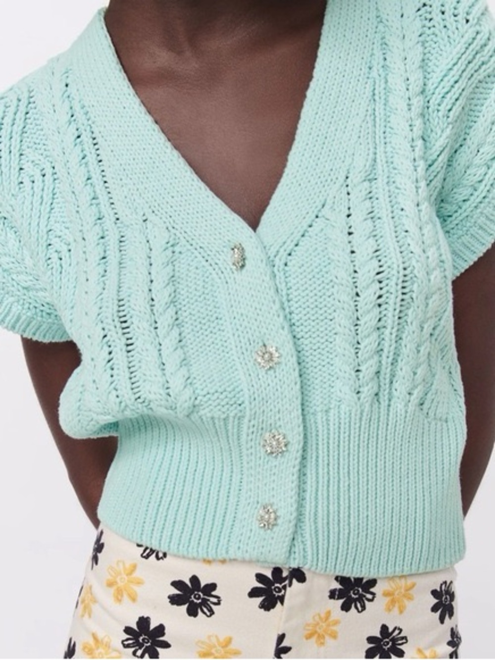 Zara Mint Cable-Knit Short Sleeve Cardigan Sweater